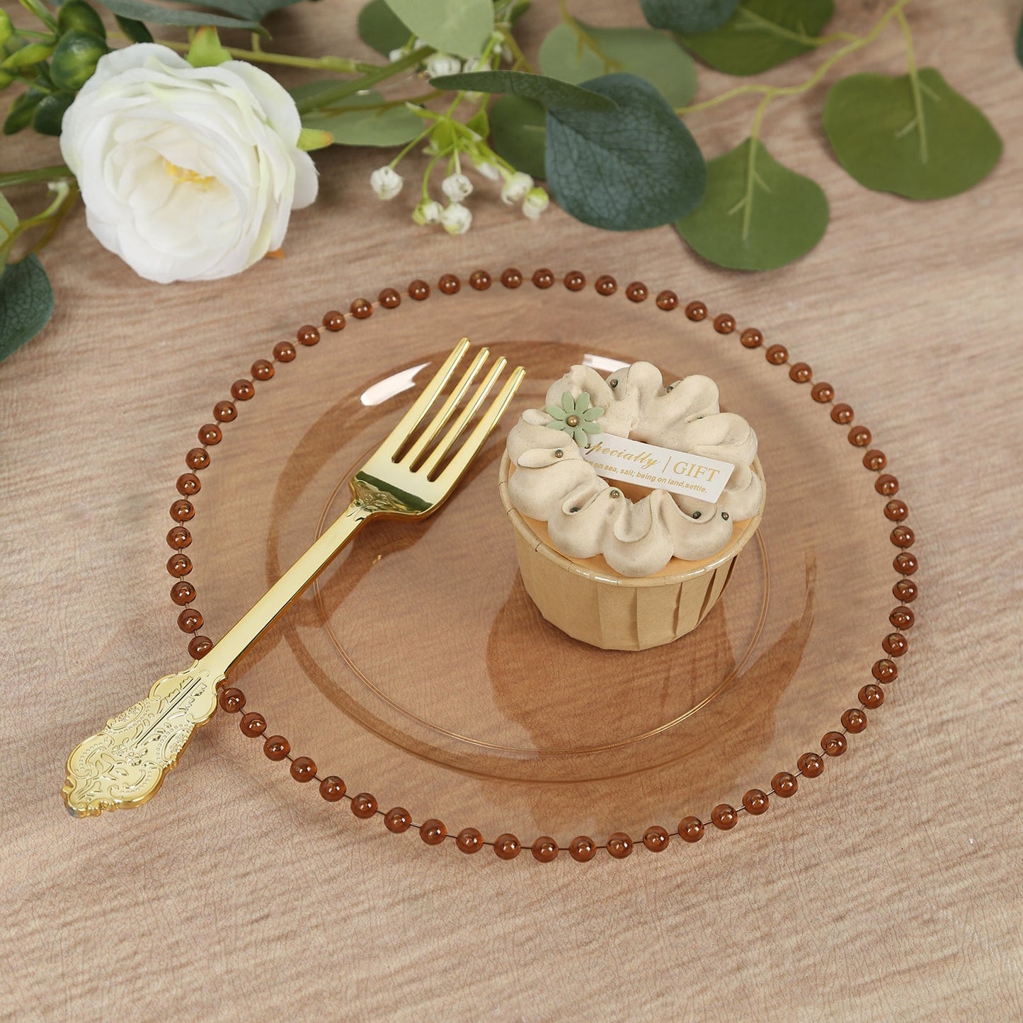 10 - Pack Amber Gold Plastic Dessert Plates – 8" Round with Beaded Rim, Disposable for Parties & Events - Bell Racket Store