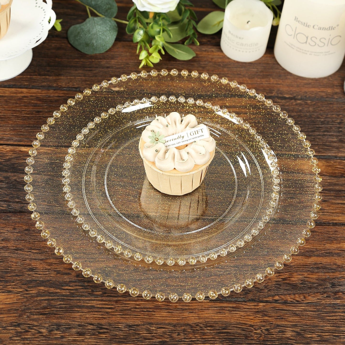 10 - Pack Clear Gold Glittered Plastic Dessert Plates – 8" Round with Beaded Rim, Disposable for Parties & Events - Bell Racket Store