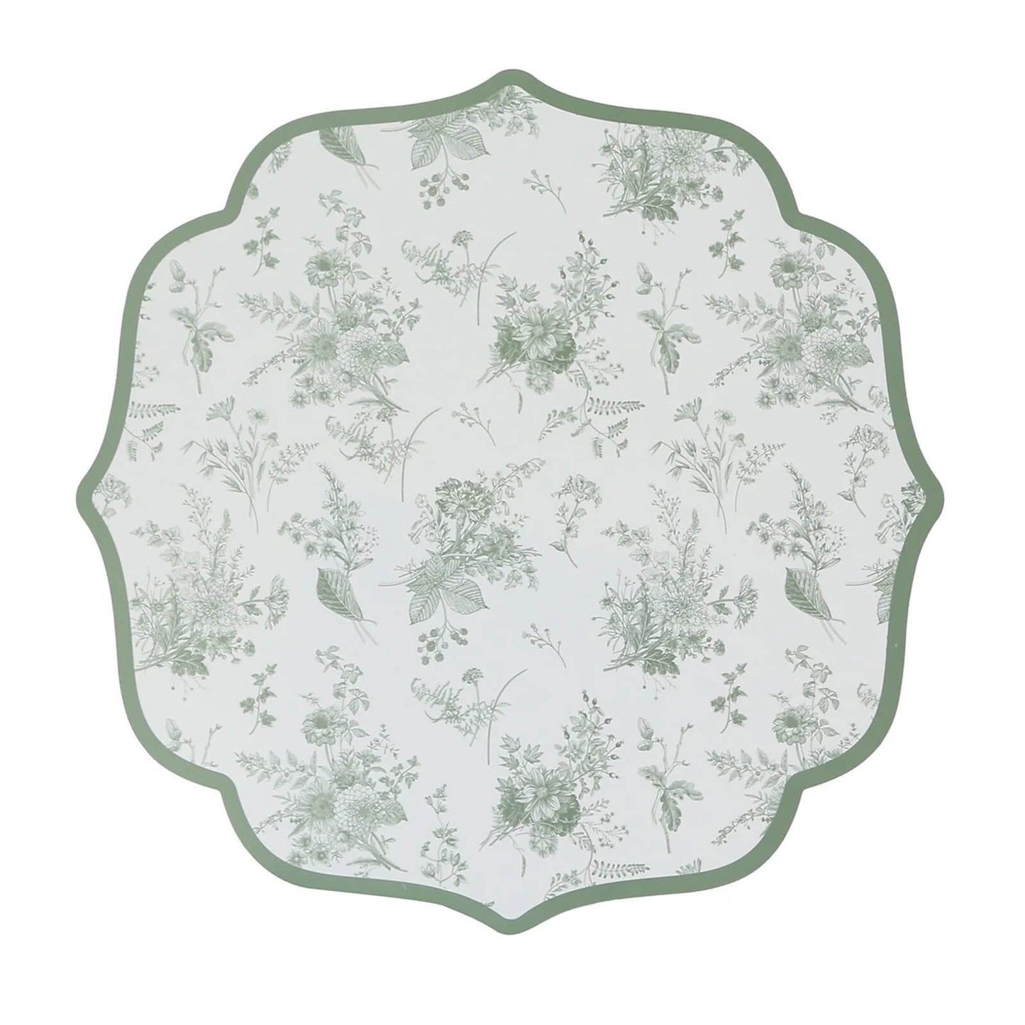 10 Pack Disposable Charger Plates White with Sage Green French Toile Pattern, 13" Cardboard Paper Placemats with Scalloped Rim - Bell Racket Store