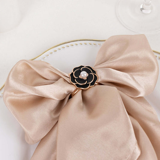 10 Pack Metal Chair Sash Pin Buckles Black 3D Rose Shaped - Stylish Pearl Floral Napkin Rings with Gold Rim - Bell Racket Store