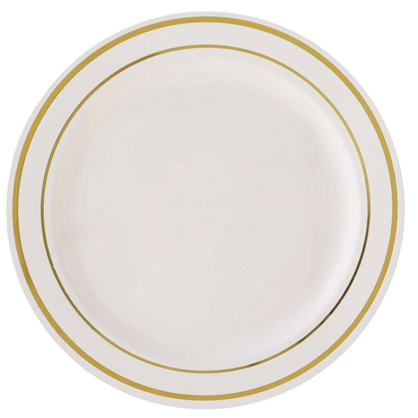 10 - Pack Plastic Dessert Plates Ivory with Très Chic Gold Rim - Disposable Appetizer Plates for Parties 6" - NestOCart