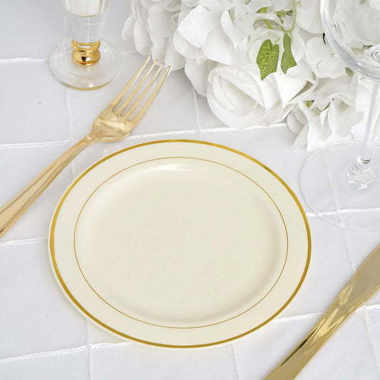 10 - Pack Plastic Dessert Plates Ivory with Très Chic Gold Rim - Disposable Appetizer Plates for Parties 6" - NestOCart