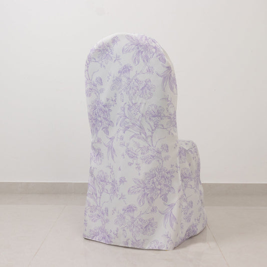 10 Pack Polyester Chair Covers for Banquet Chairs – White Lavender Lilac French Toile Pattern, Reusable Stain - Resistant Slip - On Slipcovers - Bell Racket Store
