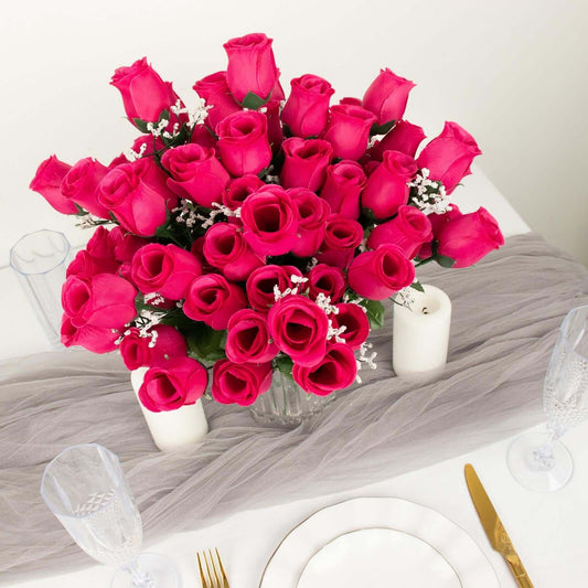 12 Bushes Fuchsia Artificial Premium Silk Flower Rose Bud Bouquets - NestOCart