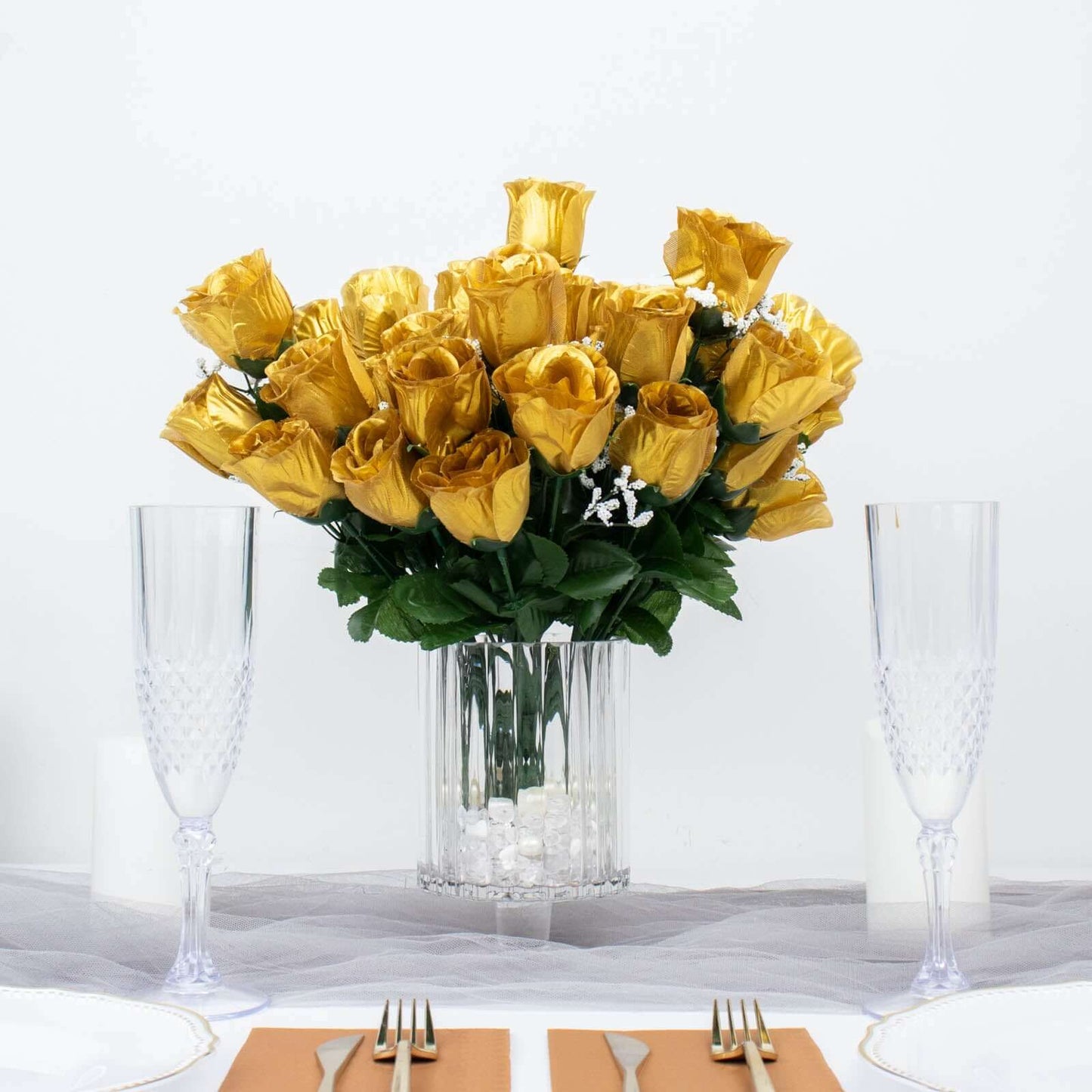 12 Bushes Gold Artificial Premium Silk Flower Rose Bud Bouquets - NestOCart