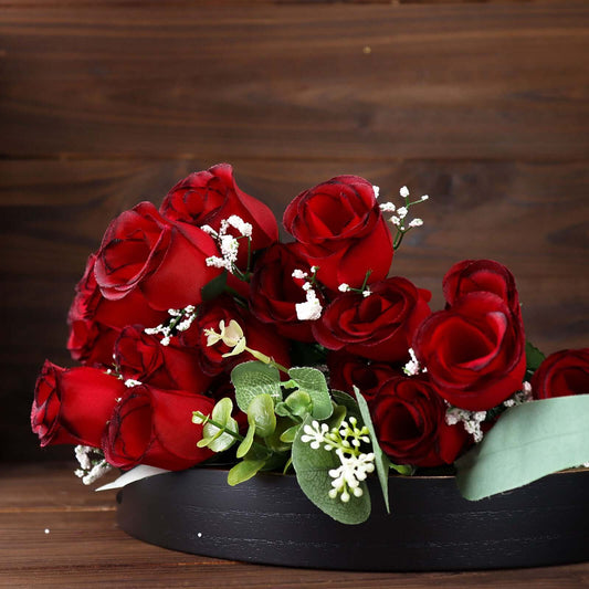 12 Bushes Red, Black Artificial Premium Silk Flower Rose Bud Bouquets - NestOCart