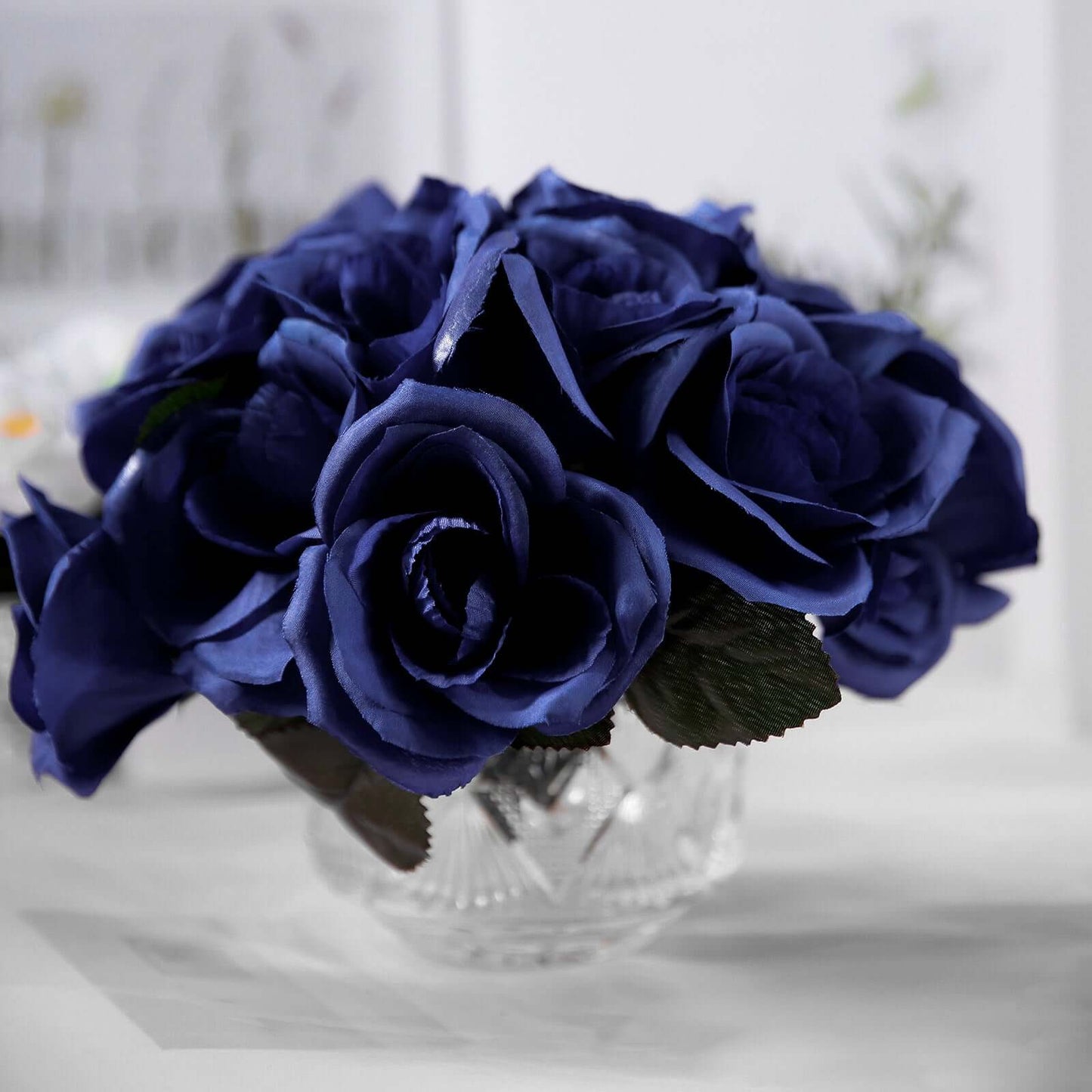 12" Navy Blue Artificial Velvet - Like Fabric Rose Flower Bouquet Bush - NestOCart