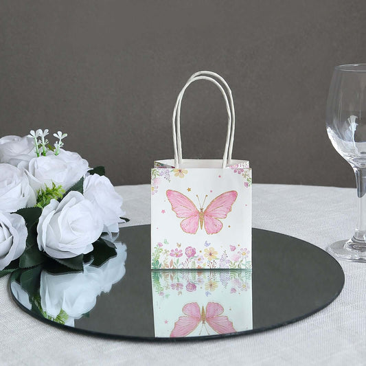 12 Pack Pink Glitter Butterfly Paper Favor Bags With Handles, Floral Print White Goodie Gift Bags - 4"x4" - Bell Racket Store