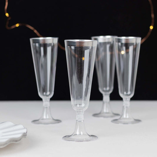 12 - Pack Plastic Champagne Flutes Clear with Silver Rim - Stylish Disposable Cocktail Glasses for Parties 5oz 6" - Bell Racket Store