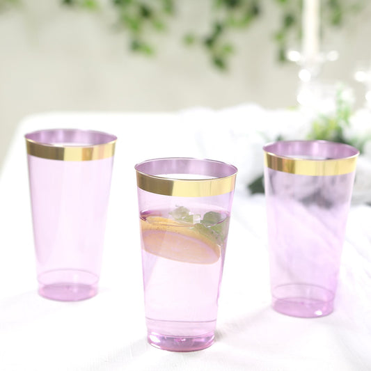 12 - Pack Plastic Party Cups Transparent Purple with Gold Rim - Durable Disposable Tumblers for Drinks 17oz 5.5" - Bell Racket Store