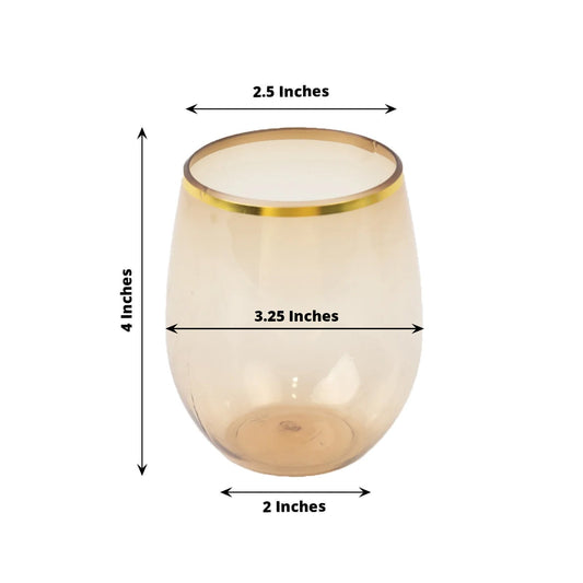 12 - Pack Plastic Wine Tumblers Transparent Amber with Gold Rim - Reusable Drinkware 12oz - Bell Racket Store