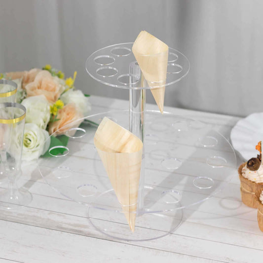 2 Tier Acrylic Round Ice Cream Cone Holder Clear - Sturdy Appetizer Dessert Display Stand with 24 - Slots for Easy & Stylish Event Party Table Setup 12" - Bell Racket Store
