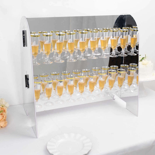 2 - Tier Champagne Glass Holder Display Stand Table Top in Silver Mirror Finish - Modern Stemware Rack Cocktail Drink Holder with 18 Hooks for Events & DIY Bars 25" - Bell Racket Store