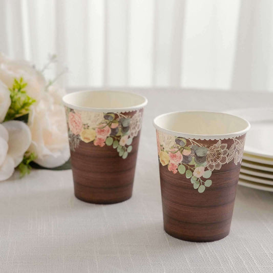 24 - Pack Paper Cups 9oz Brown Wood Print with Floral Lace Rim - Chic Disposable Party Cups for Rustic Decor & Themed Parties - Bell Racket Store