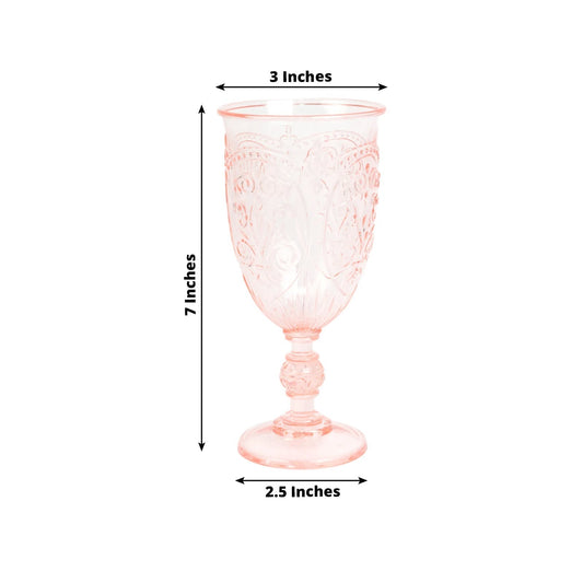 24 - Pack Plastic Wine Glasses 10oz – Transparent Blush Vintage Goblets with Retro Embossed Design, Elegant Drinkware - 7" Tall - Bell Racket Store