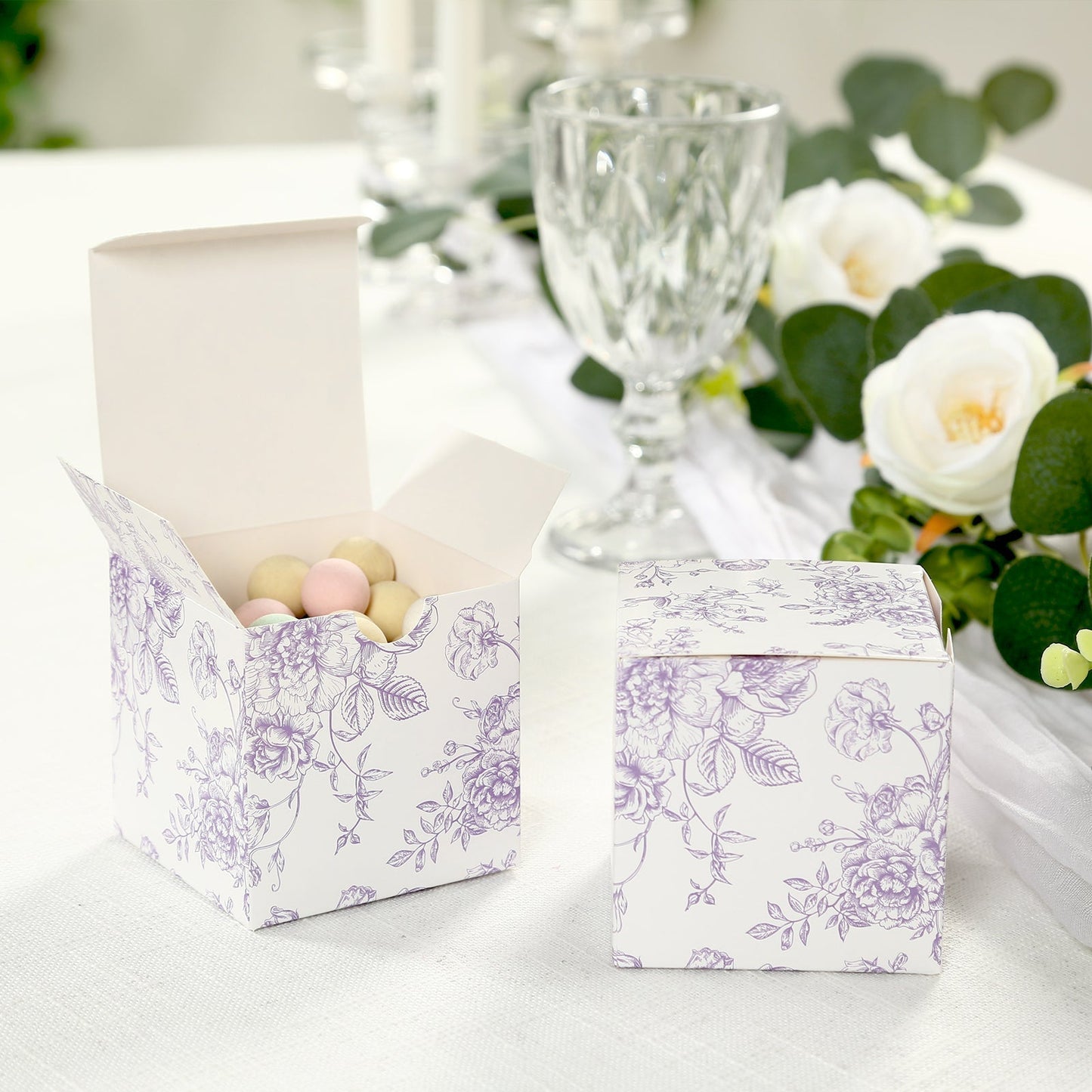 25 Pack Candy Treat Favor Boxes in French Toile Pattern - Matte Lavender and White Party Gift Boxes, Cardstock Paper - 3"x3" - Bell Racket Store