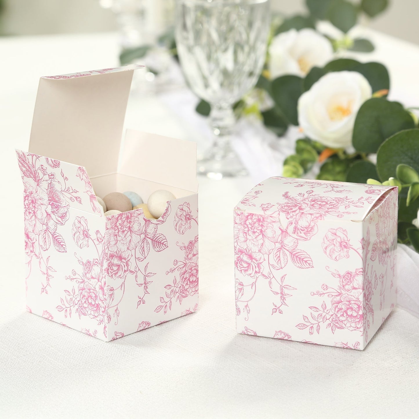 25 Pack Candy Treat Favor Boxes in French Toile Pattern - Matte Pink and White Party Gift Boxes, Cardstock Paper - 3"x3" - Bell Racket Store