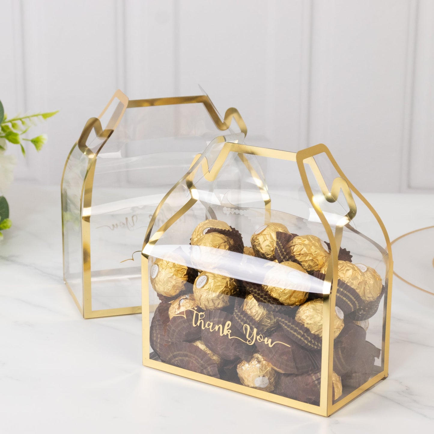 25 Pack Clear PVC Tote Gift Boxes with Gold Trim, Transparent Gable Candy Favor Boxes with Thank You Design - 6"x3.5"x7" - Bell Racket Store