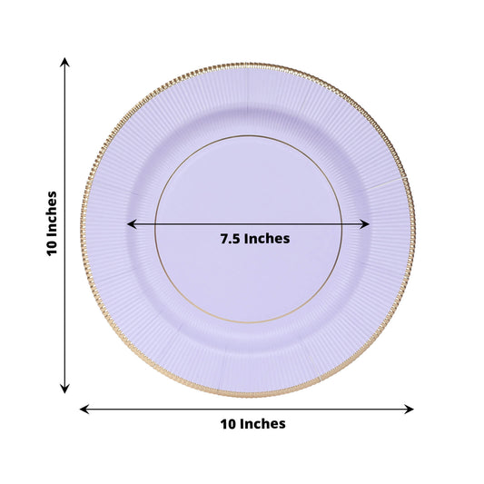 25 - Pack Paper 10" Round Dinner Plates in Lavender Lilac Sunray Design with Gold Rim - Disposable Heavy Duty 350GSM Party Plates - Bell Racket Store