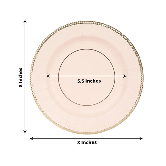 25 - Pack Paper 8" Round Dessert Plates in Blush Sunray Design with Gold Rim - Disposable Heavy Duty 350GSM Appetizer Salad Plates - Bell Racket Store