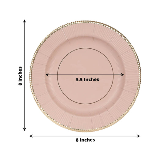 25 - Pack Paper 8" Round Dessert Plates in Dusty Rose Sunray Design with Gold Rim - Disposable Heavy Duty 350GSM Appetizer Salad Plates - Bell Racket Store