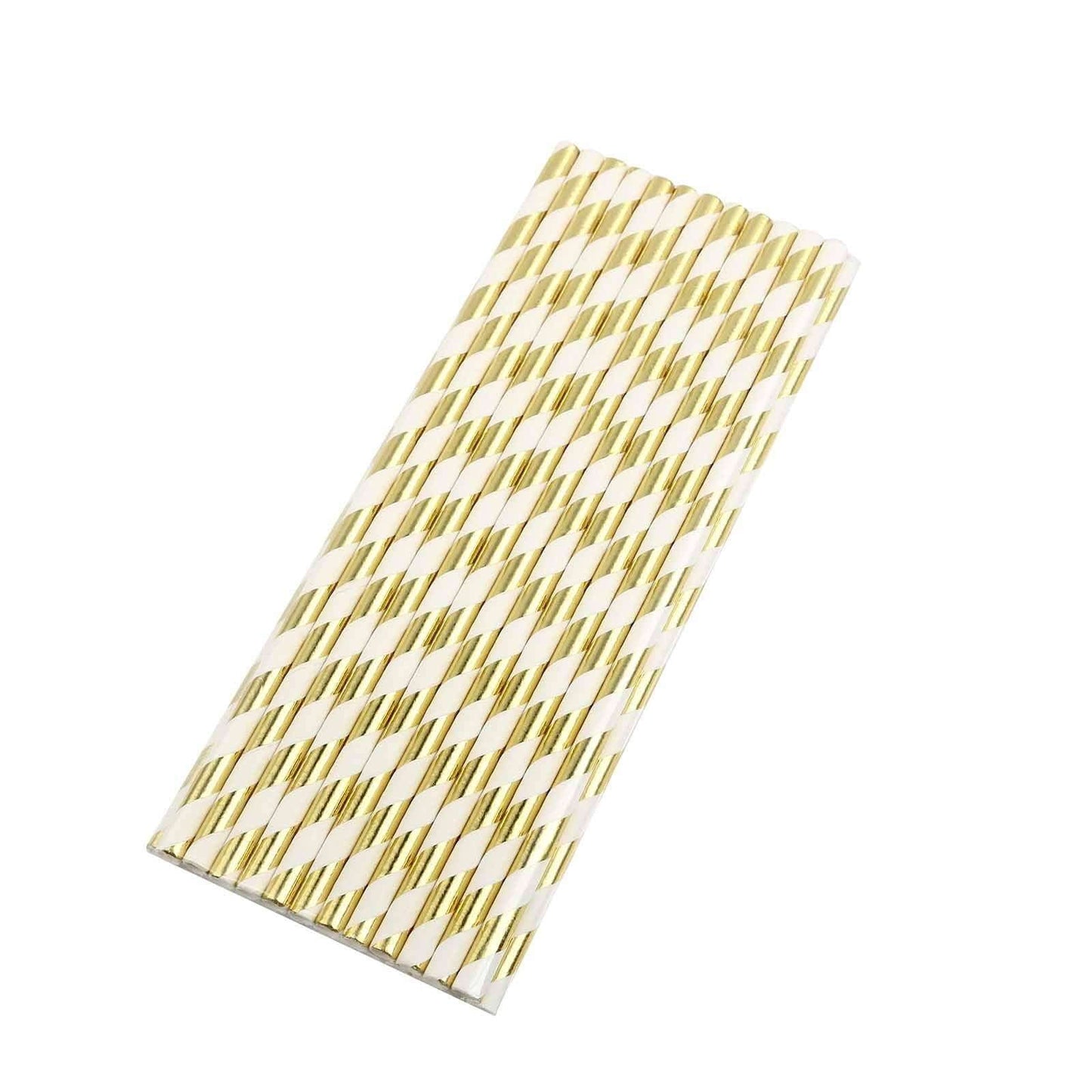 25 - Pack Paper Straws White/Gold Striped - Stylish Disposable Straws for Drinks 8" - NestOCart