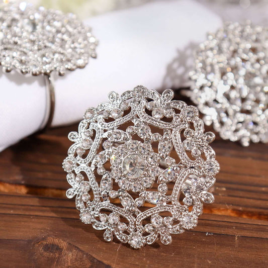4 Pack Diamond Rhinestone Silver Metal Flower Napkin Rings, Decorative Napkin Buckle Holders - Bell Racket Store