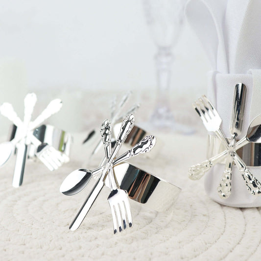 4 Pack Silver Metal Fork Knife Spoon Design Napkin Rings - Utensil Themed Napkin Holders - Bell Racket Store