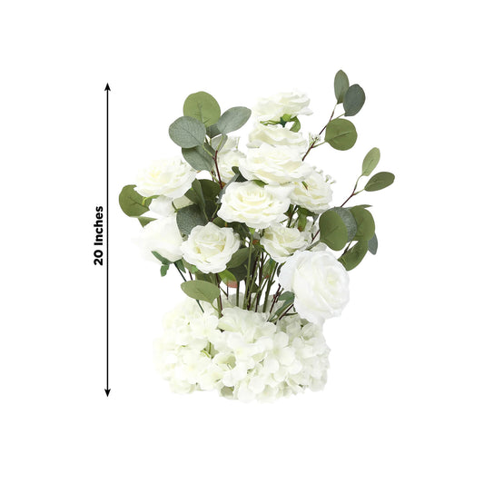 4 - Pack White Artificial Flower Arrangements – 20" Roses, Hydrangeas & Eucalyptus, Free - Standing with Foam Base for Wedding Aisle Décor - Bell Racket Store
