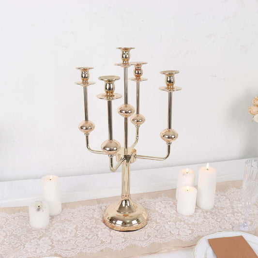 5 - Arm Taper Candelabra Wedding Candle Holder Gold Metal Table Display - Perfect for Events 20" - Bell Racket Store