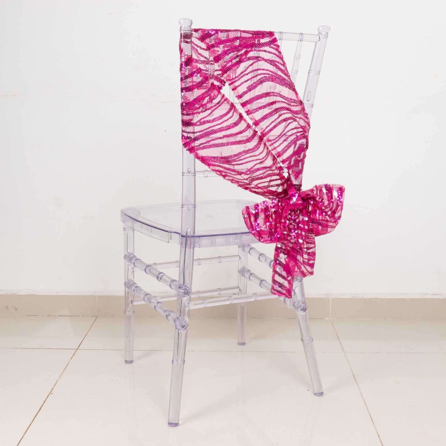 5 Pack Chair Sashes with Wave Embroidered Sequins Fuchsia/Silver 6"x88" - Bell Racket Store
