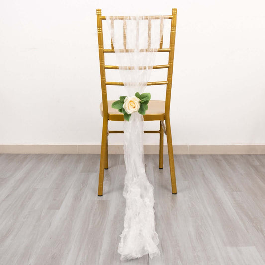 5 Pack Crinkled Organza Chair Sashes White with Shimmer Chiffon Layers - Stylish Sheer Decor for Weddings & Gatherings - Bell Racket Store