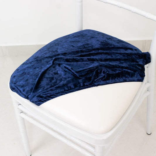 5 Pack Crushed Velvet Seat Pad Covers for Chiavari Chairs – Navy Blue Fitted Dining Chair Cushion Slipcovers, Washable & Reusable - Bell Racket Store