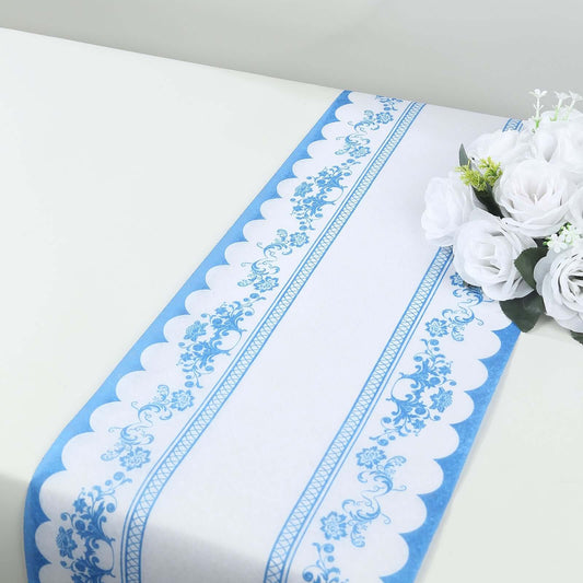 5 Pack Disposable Table Runners 11"x108" White with Blue Ornate Floral Prints - Non - woven Stylish Kitchen Dining Table Decor - Bell Racket Store