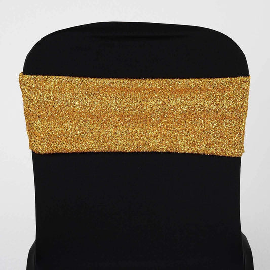 5 Pack Metallic Shimmer Tinsel Spandex Chair Sashes Gold - Durable and Reusable Stretch Chair Bands for Dazzling Event & Party Decor - NestOCart