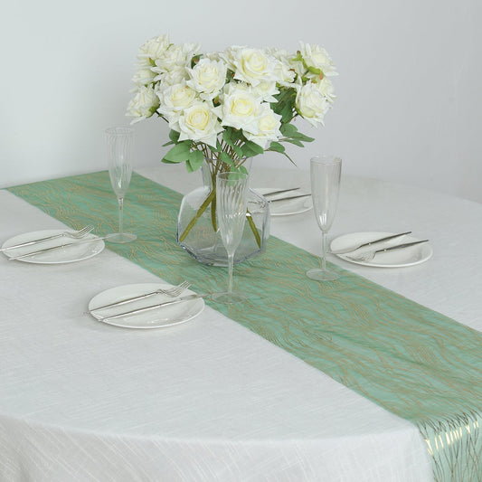 5 Pack Organza 12"x108" Table Runners Hunter Emerald Green - Gold Wave Design - Bell Racket Store