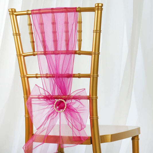 5 Pack Organza Chair Sashes Fuchsia - Reusable Sheer Chair Bows 6"x108" - NestOCart