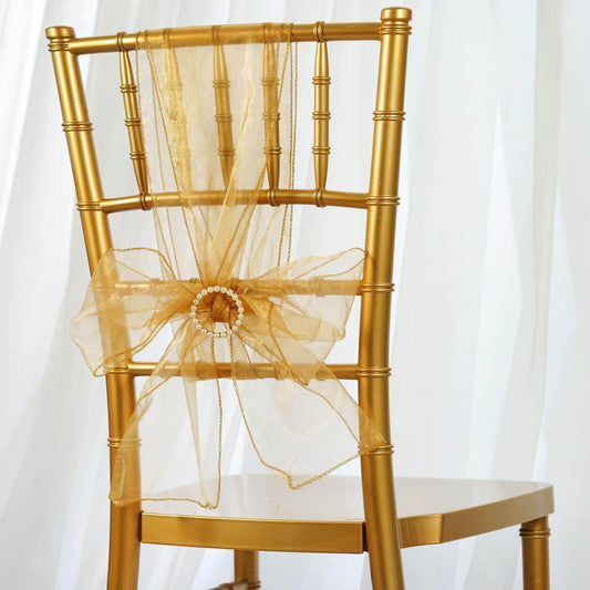 5 Pack Organza Chair Sashes Gold - Timeless Reusable Sheer Chair Bows for Chic Events 6"x108" - NestOCart