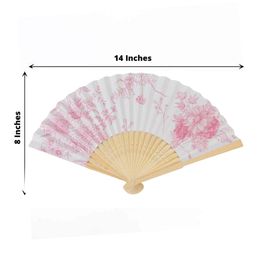 5 - Pack Paper Folding Fans Party Favors in White & Pink French Toile Pattern, Handheld Fans with Bamboo Frame - Bell Racket Store