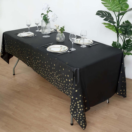 5 - Pack Plastic Table Covers Black Rectangle with Gold Stars - Decorative PVC Disposable Tablecloths 54"x108" - Bell Racket Store