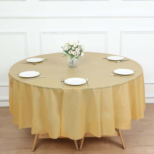 5 - Pack Plastic Table Covers Gold Round - Durable PVC Disposable Tablecloths for Events 84" - Bell Racket Store
