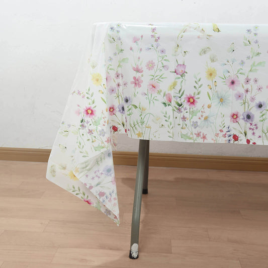 5 - Pack Plastic Tablecloths White/Green Spring Floral Rectangle with Wild Flowers Butterfly Print - Durable PVC Disposable Table Covers 54"x108" - Bell Racket Store