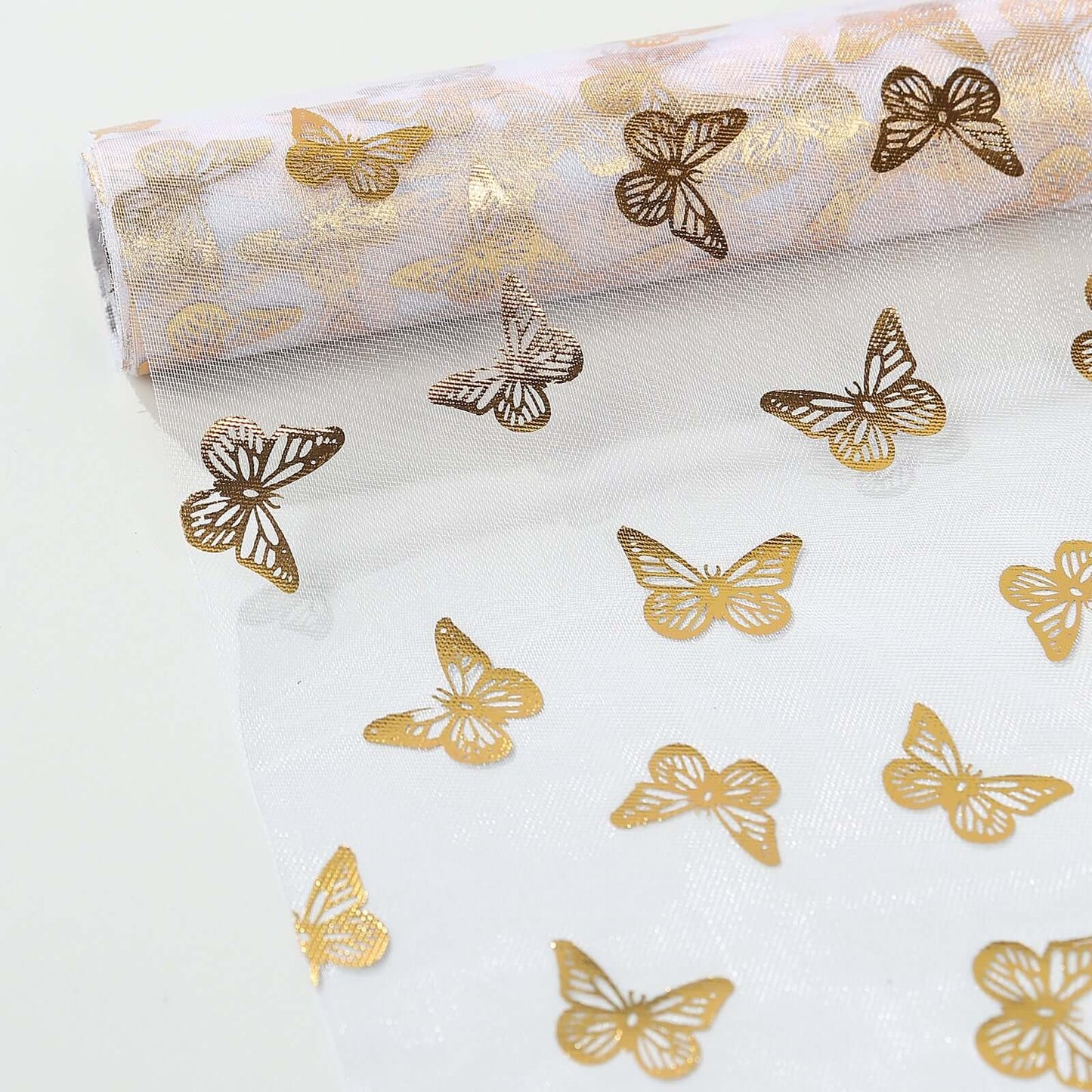 5 Pack Sheer Organza 11"x108" Table Runner Rolls White Disposable with Metallic Gold Foil Butterflies Motifs - Bell Racket Store