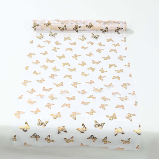 5 Pack Sheer Organza 11"x108" Table Runner Rolls White Disposable with Metallic Gold Foil Butterflies Motifs - Bell Racket Store