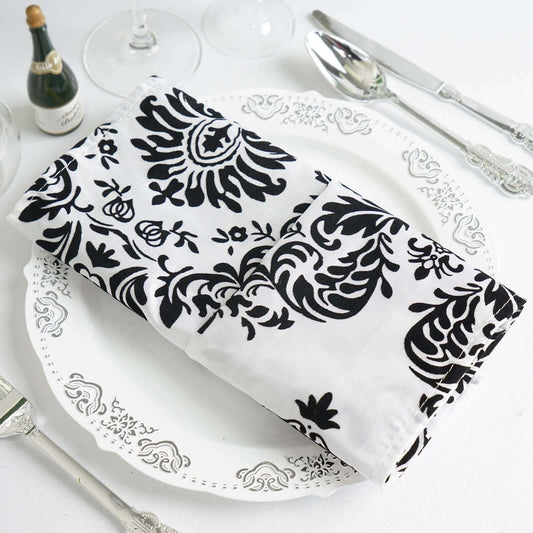 5 Pack Taffeta 20"x20" Napkins Black/White Damask Flocking Design - Decorative Dinner Napkins with a Luxurious Touch - NestOCart