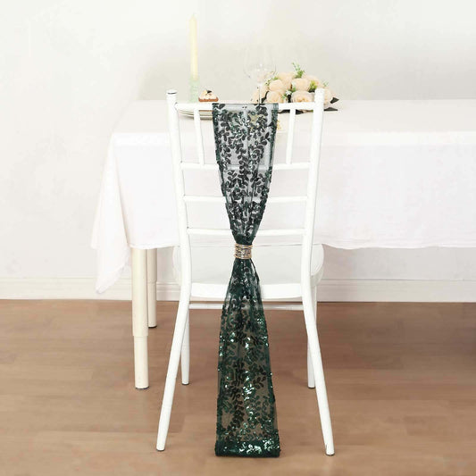 5 Pack Tulle Chair Sashes with Leaf Vine Embroidered Sequins Hunter Emerald Green 6"x88" - Bell Racket Store