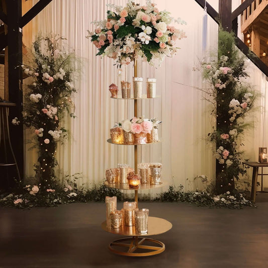 5 Tier Champagne Tower Stand Gold Metal Round Dessert Display Cupcake Holder - Sturdy Event Centerpiece 4.5ft Tall - Bell Racket Store