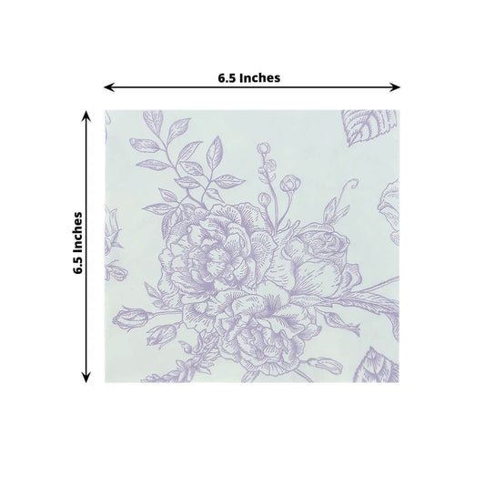 50 Pack 2 - Ply Paper Beverage Napkins in Matte Lavender and White French Toile Floral Pattern, Highly Absorbent Soft Disposable Cocktail Napkins - Bell Racket Store