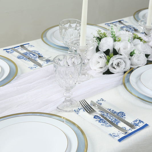 50 Pack 2 - Ply Paper Party Napkins in White Royal Blue Damask Floral Pattern, Disposable Dinner Napkins - Highly Absorbent & Soft - Bell Racket Store