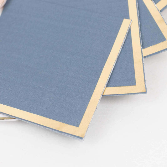 50 - Pack Paper Beverage Napkins Dusty Blue with Gold Foil Edge - 2 Ply Disposable Soft 18GSM Cocktail Napkins 5"x5" - Bell Racket Store